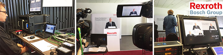 Bosch Rexroth-CEO Dr. Karl Tragl vor unseren Kameras - im Hintergrund leisten Encoding-Techniker, Kameramann und Bildmischer ganze Arbeit 