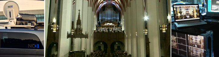 NC3 Livestream-Setup beim Bachfest Leipzig: Satellitenwagen, Kircheninterieur mit Orgel und Produktionsregie