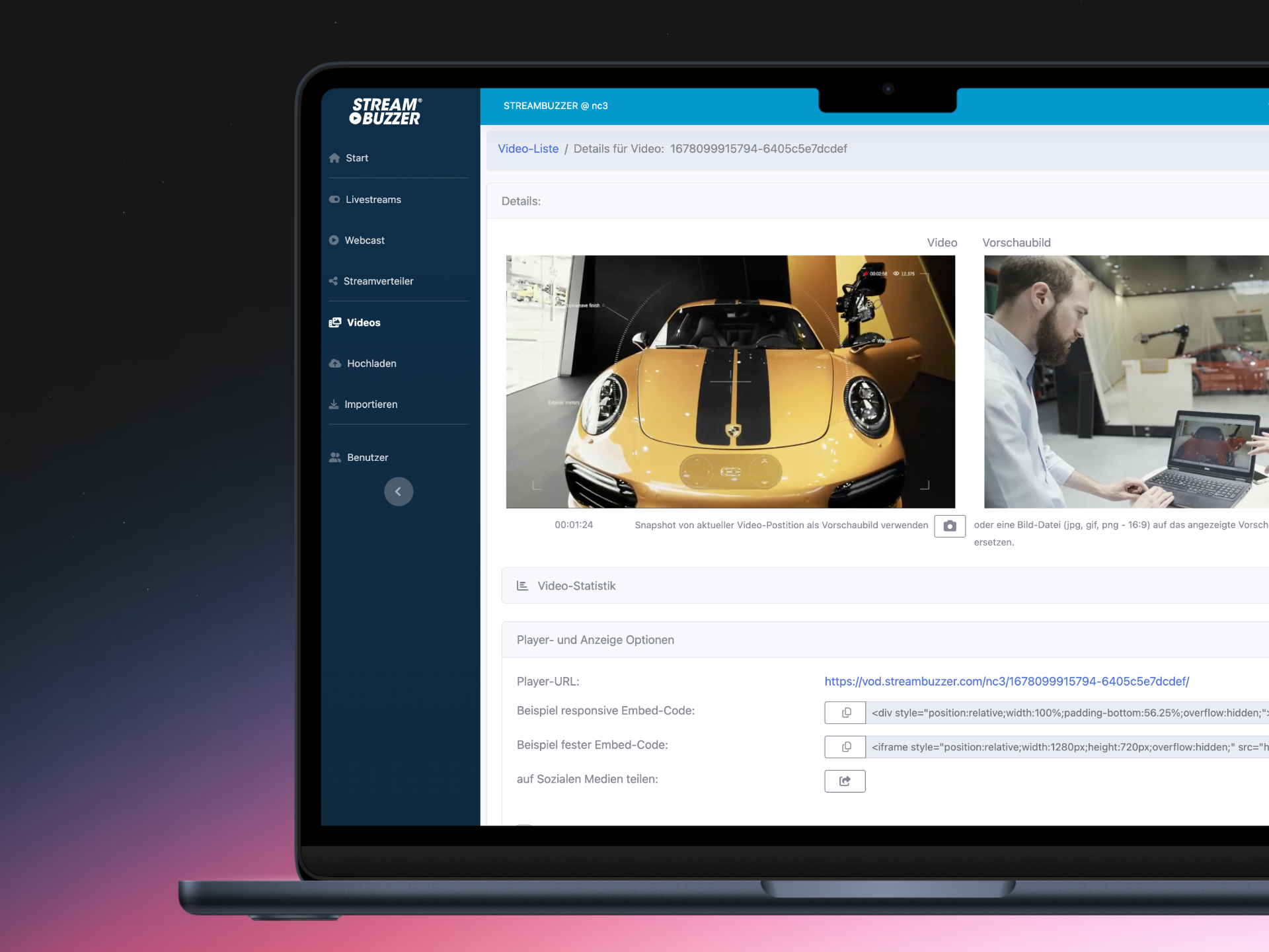 Streambuzzer Video-CMS mit Porsche-Video und Statistiken